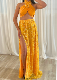 *BUY NOW* Embellished Silk Two-Piece Tangerine