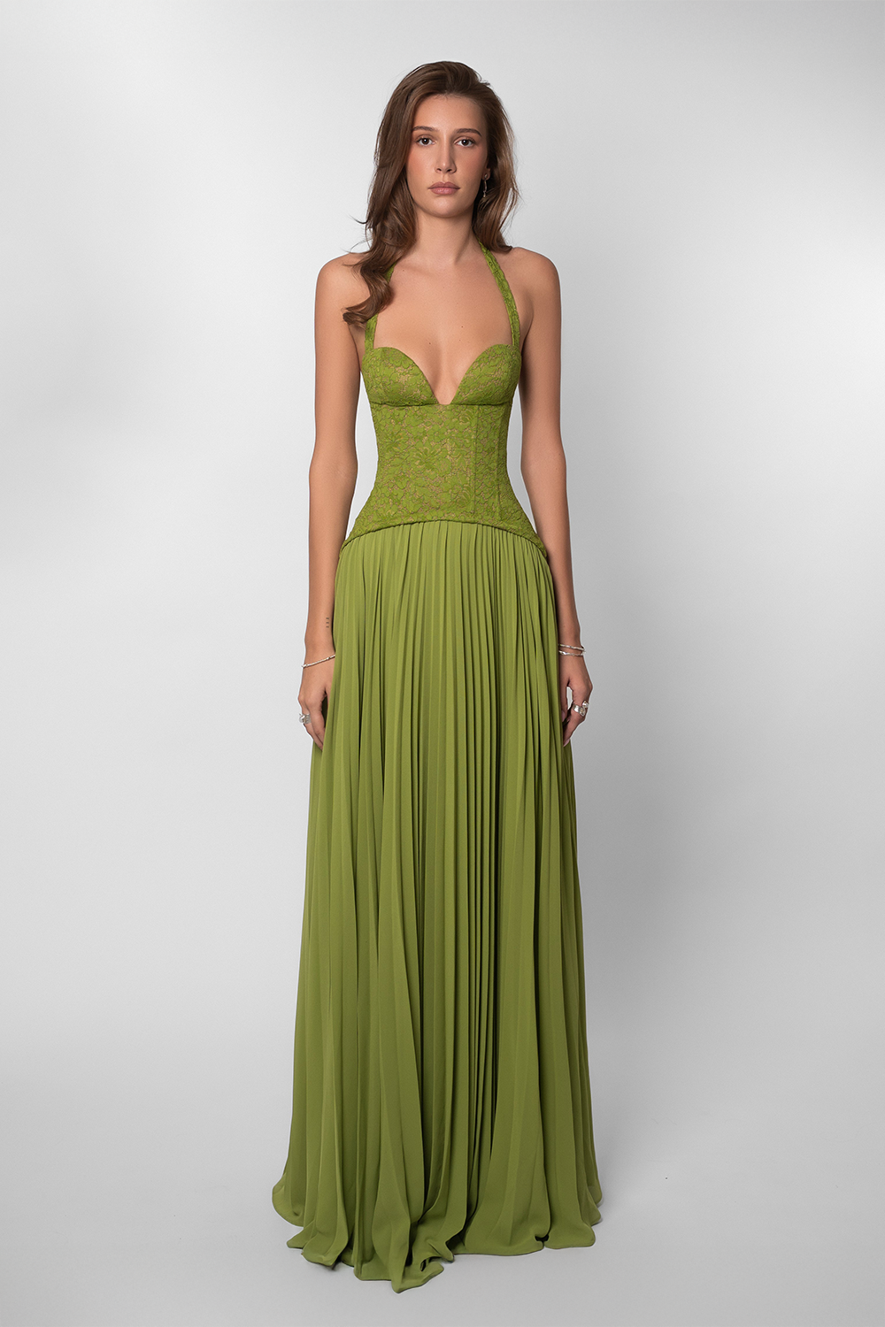 Woman wearing a green evening gown 