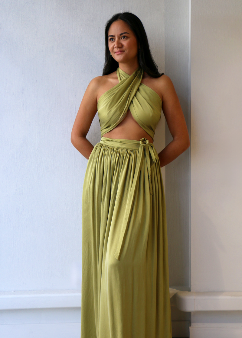 Olive Sueded Silk Wrap Two Piece