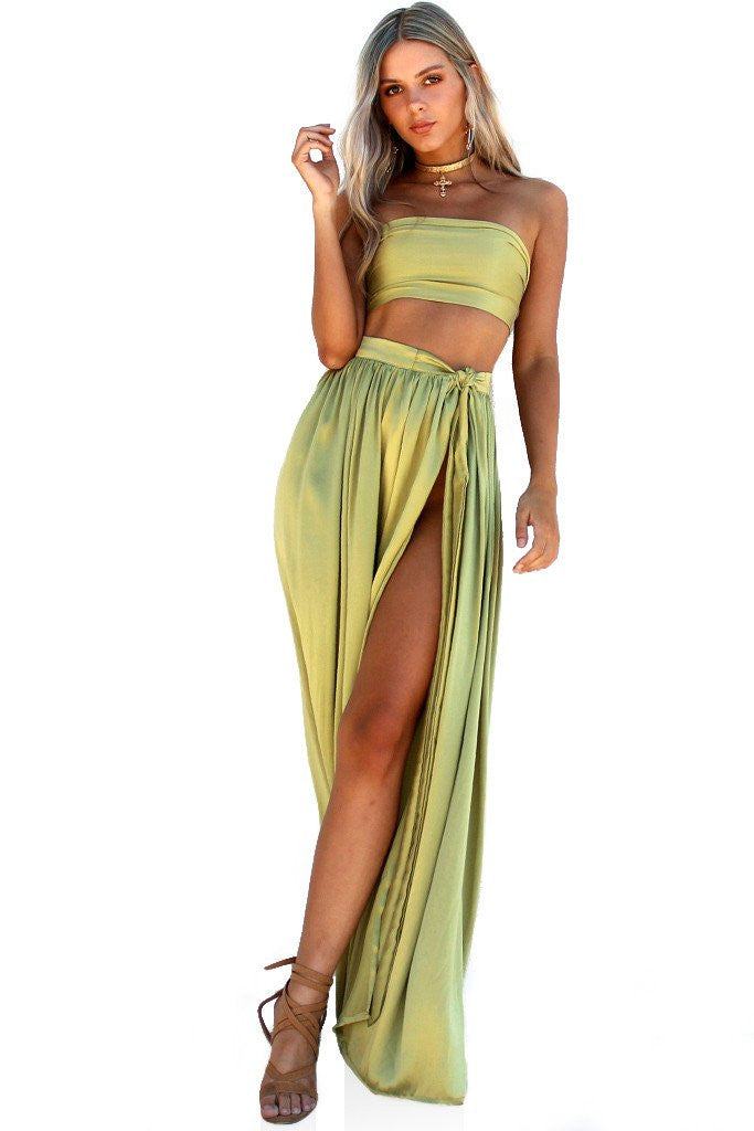 Olive Sueded Silk Wrap Two Piece