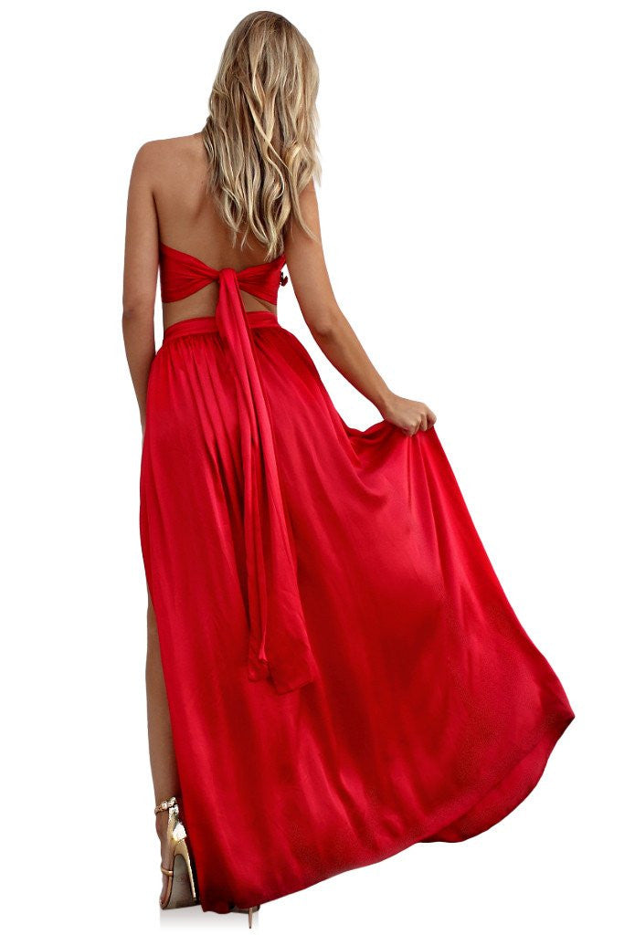 Red Sueded Silk Wrap Two Piece