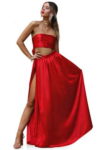 Red Sueded Silk Wrap Two Piece